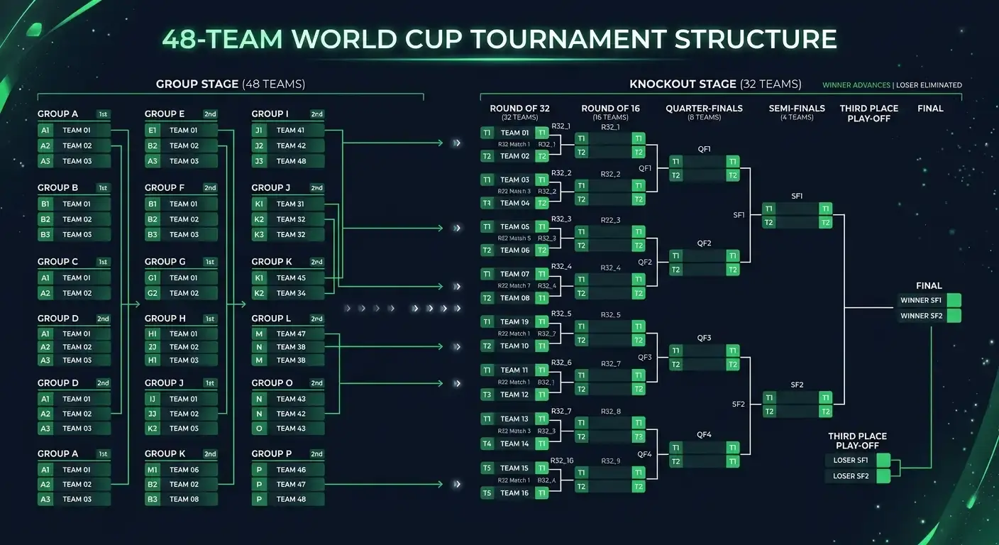 Diagram of the expanded 48-team World Cup 2026 group and knockout structure