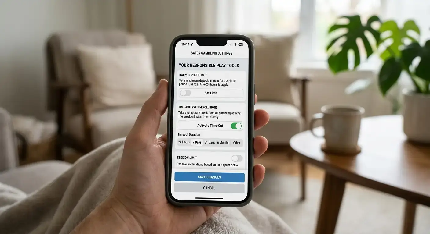 Account settings showing deposit limits and time-out controls for safer gambling