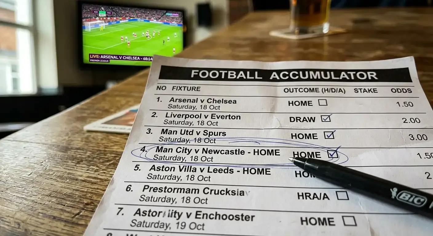 Football accumulator coupon with one selection circled as the supposed safe banker