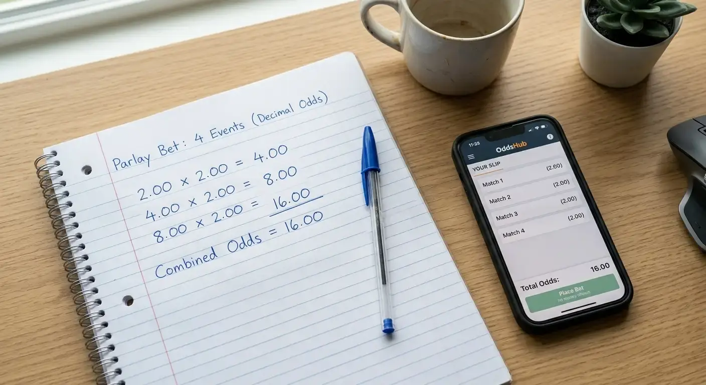 Four-fold football accumulator showing how decimal odds multiply into a large combined price