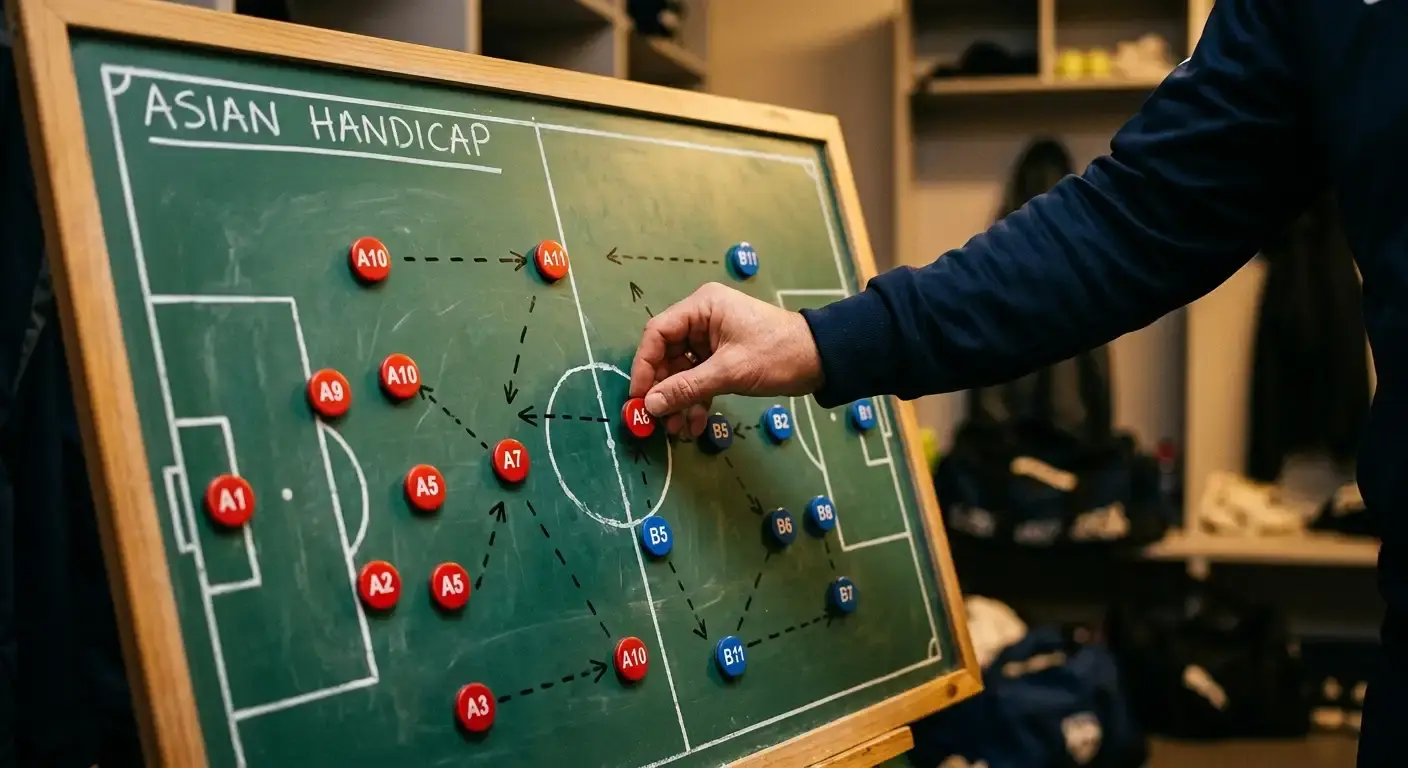 Football tactics board with magnetic markers showing two teams set for an Asian handicap match