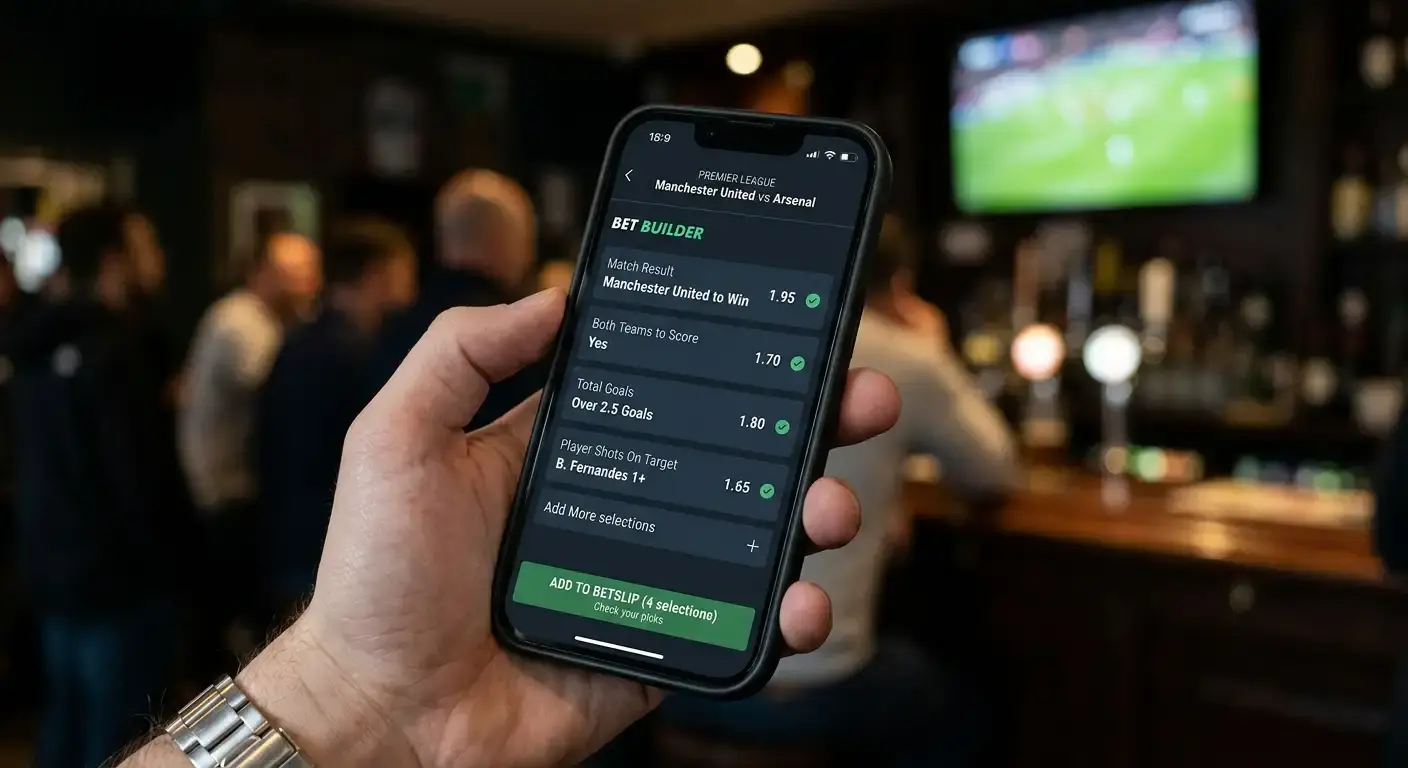 Phone screen showing multiple selections stacked into a single football bet builder