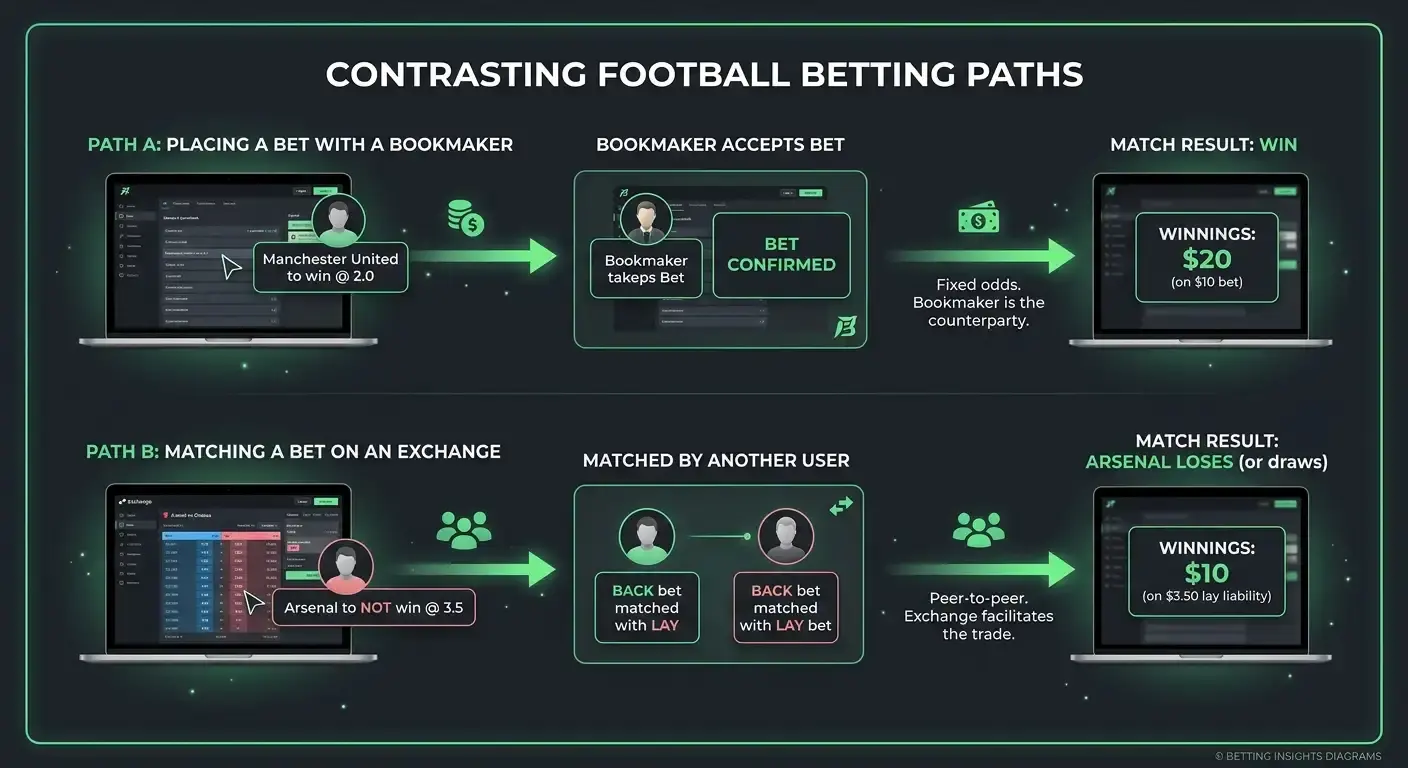 Two contrasting routes to getting a football bet matched, bookmaker and exchange