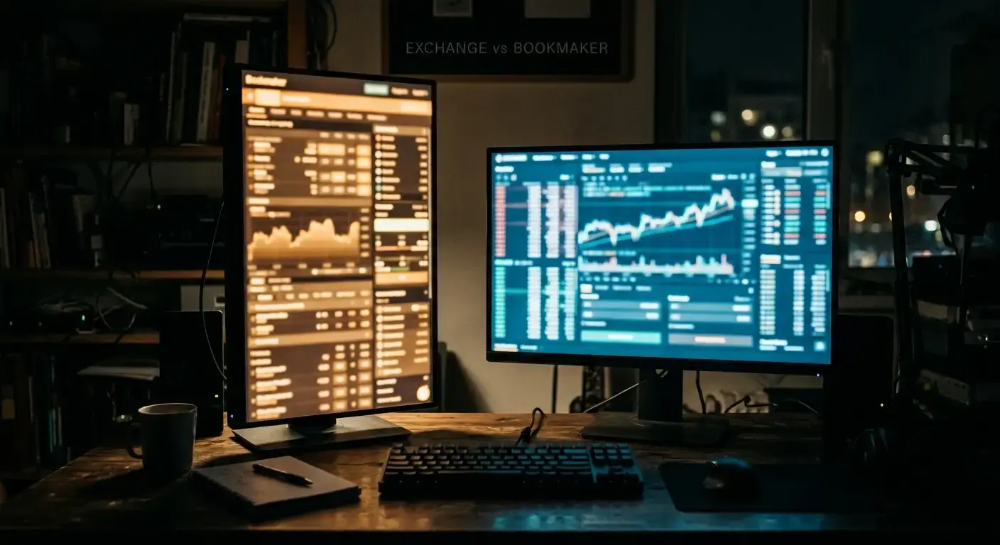 Two screens contrasting a traditional bookmaker coupon with a peer-to-peer exchange