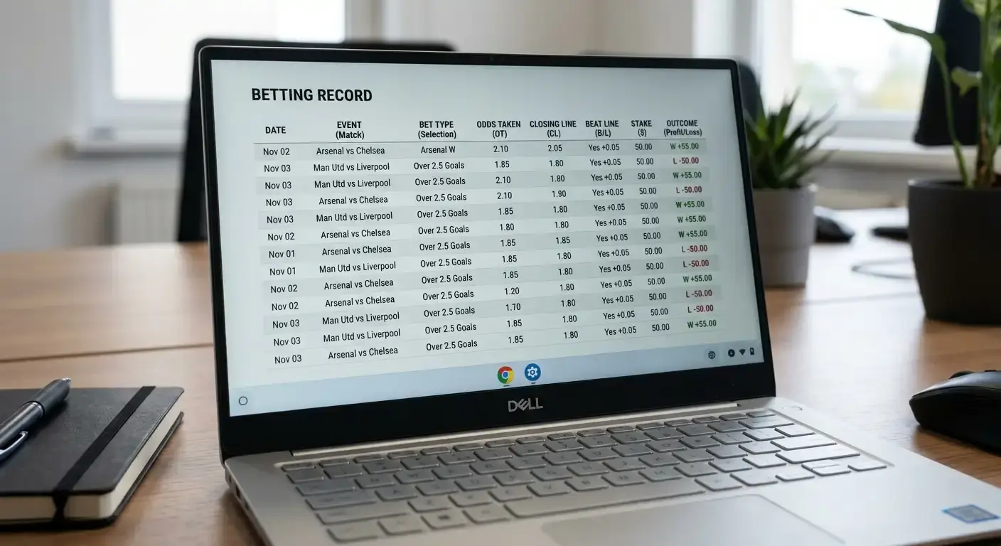 Betting record tracking odds taken against closing line value for each football bet