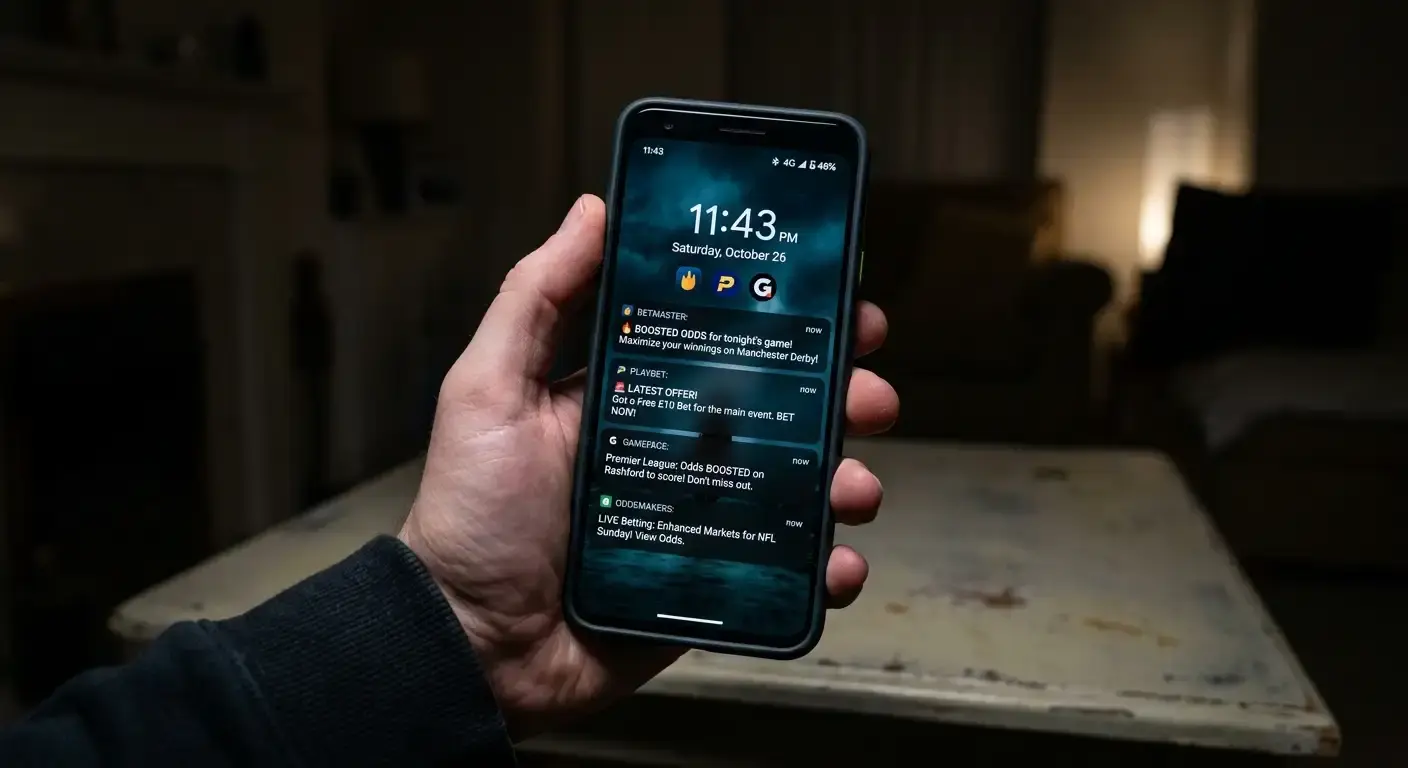 Phone showing betting promotion notifications designed to encourage impulsive wagers