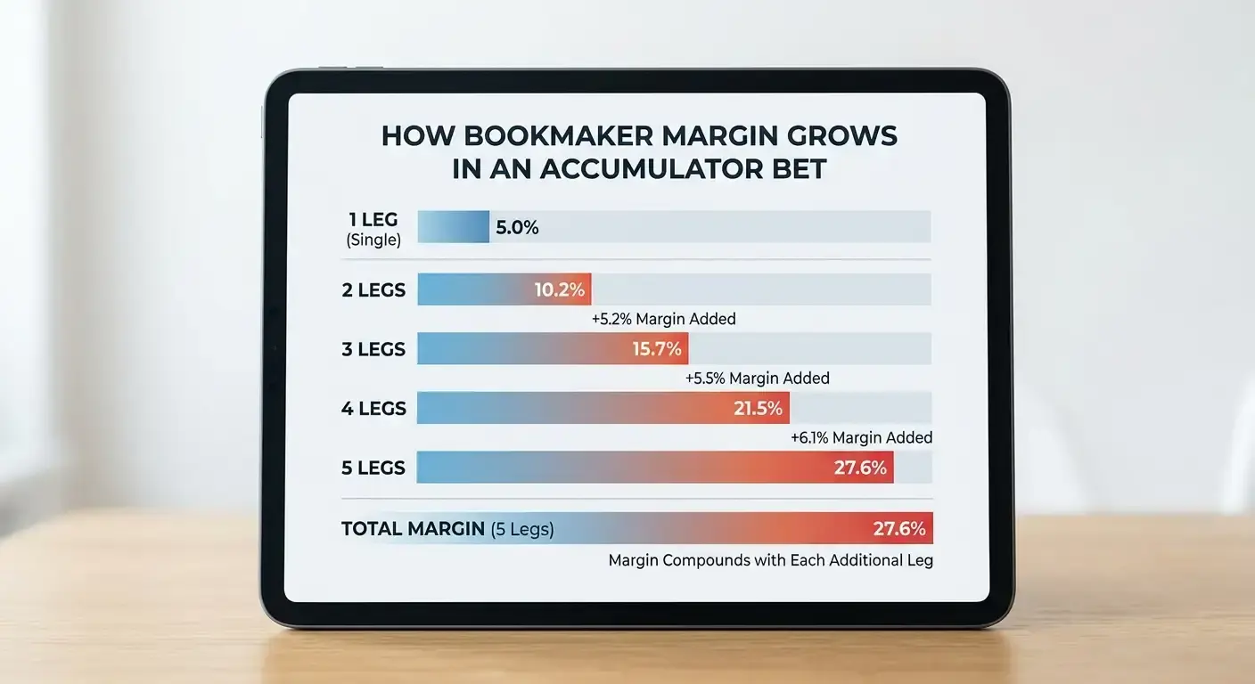 Illustration of how the bookmaker margin compounds across each leg of an accumulator