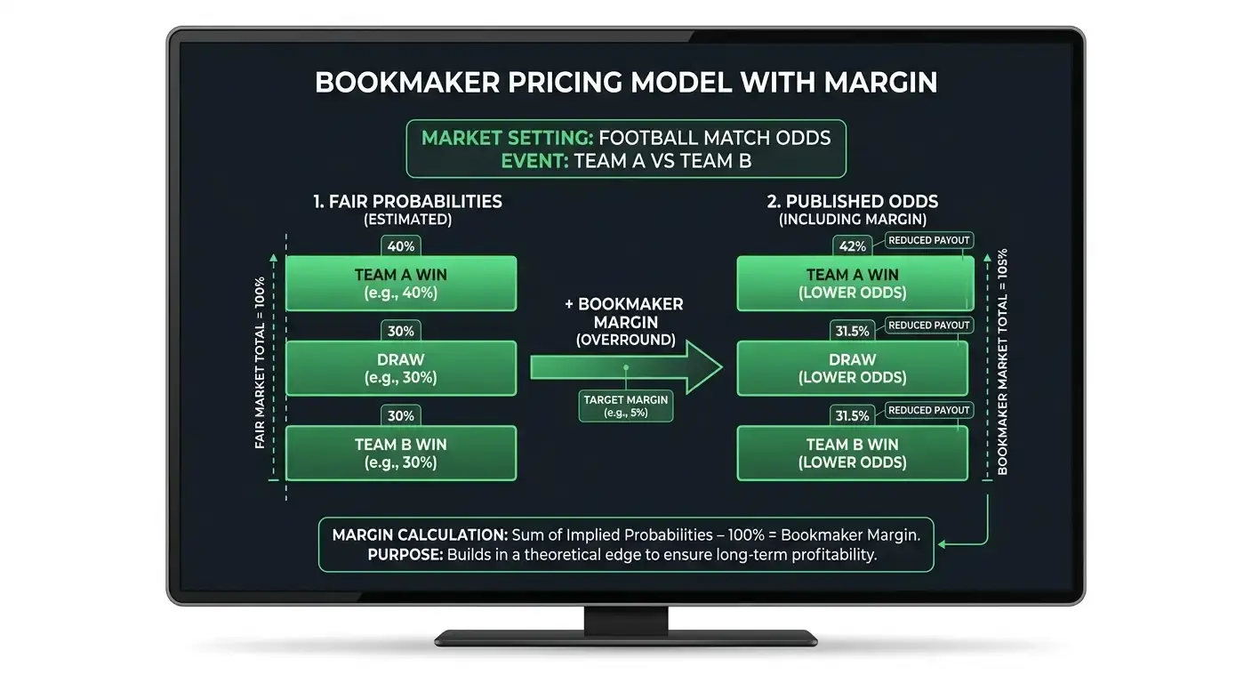 Clean graphic showing how a bookmaker builds margin into its odds