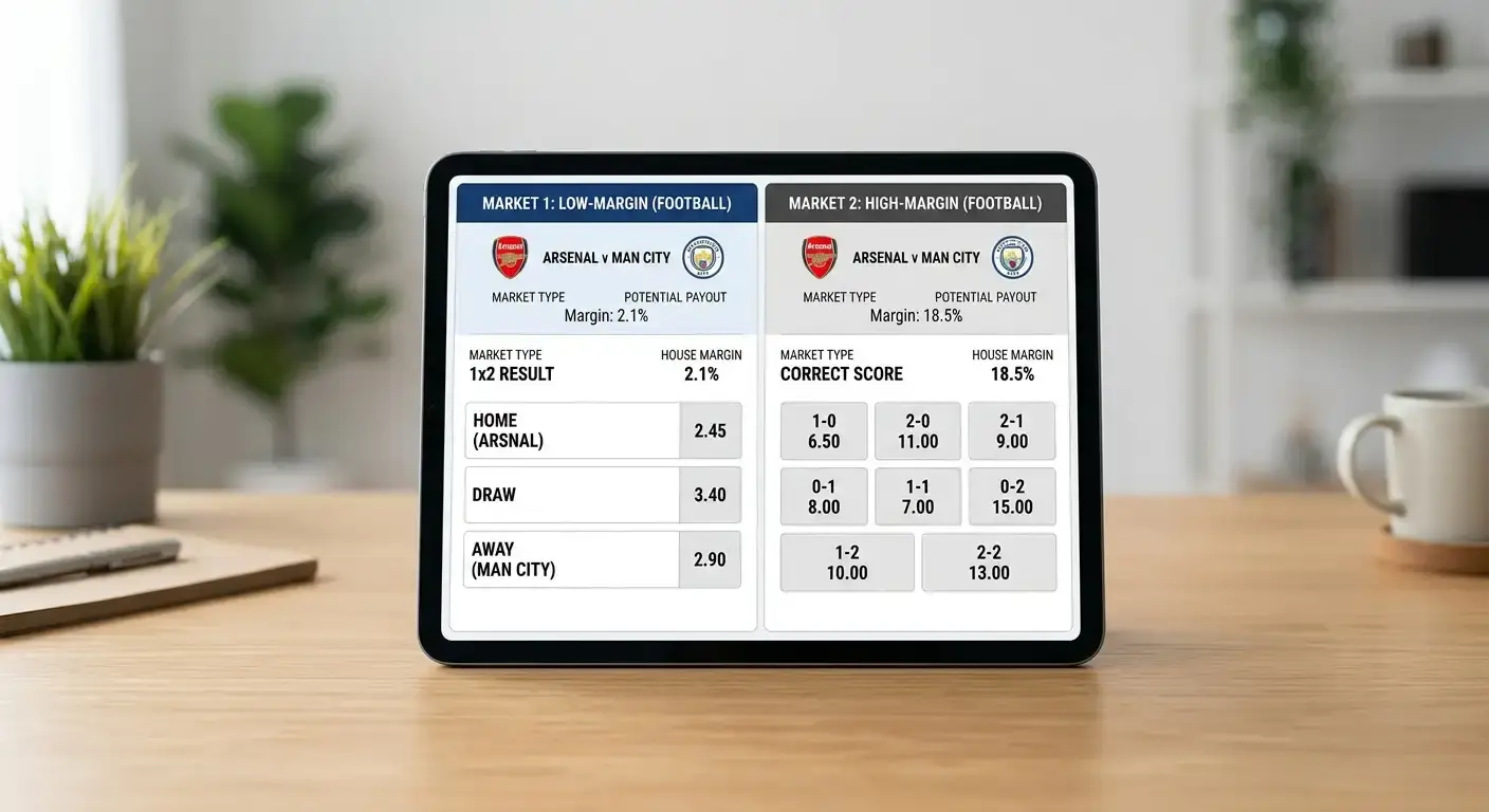 Comparison of low-margin match result odds versus high-margin correct score odds