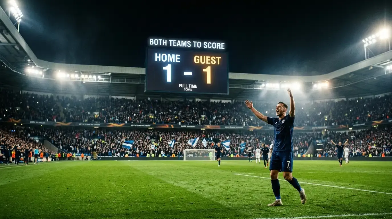 Floodlit football stadium scoreboard reading 1-1 as both teams celebrate scoring