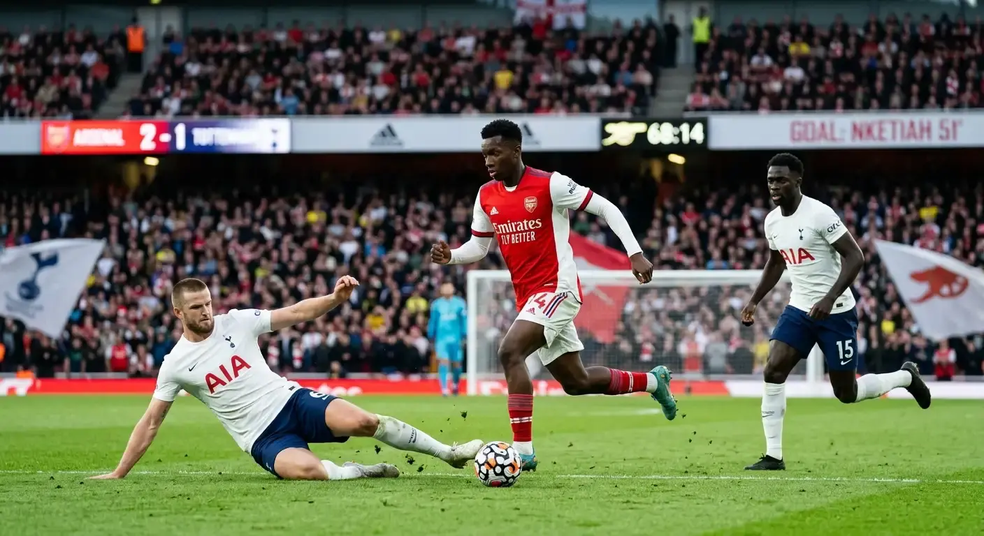 Striker bearing down on goal against a stretched defence in a football match