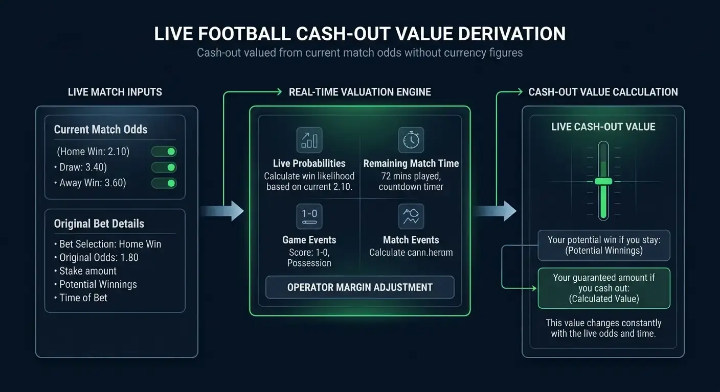 Diagram showing how a cash out figure is derived from live football odds