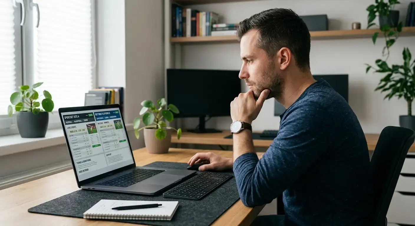 Person comparing UK betting sites on a laptop while checking licensing details