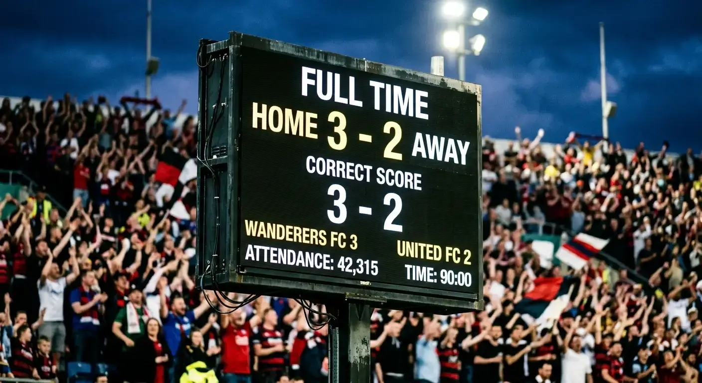 Close-up of a football stadium scoreboard displaying a final scoreline at full time