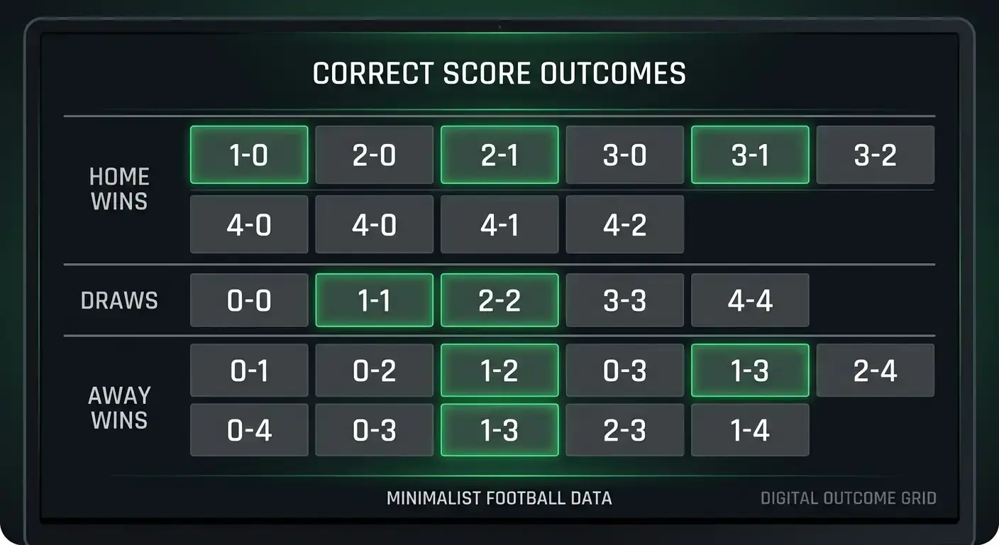 Clean grid of football correct score prices with common scorelines highlighted