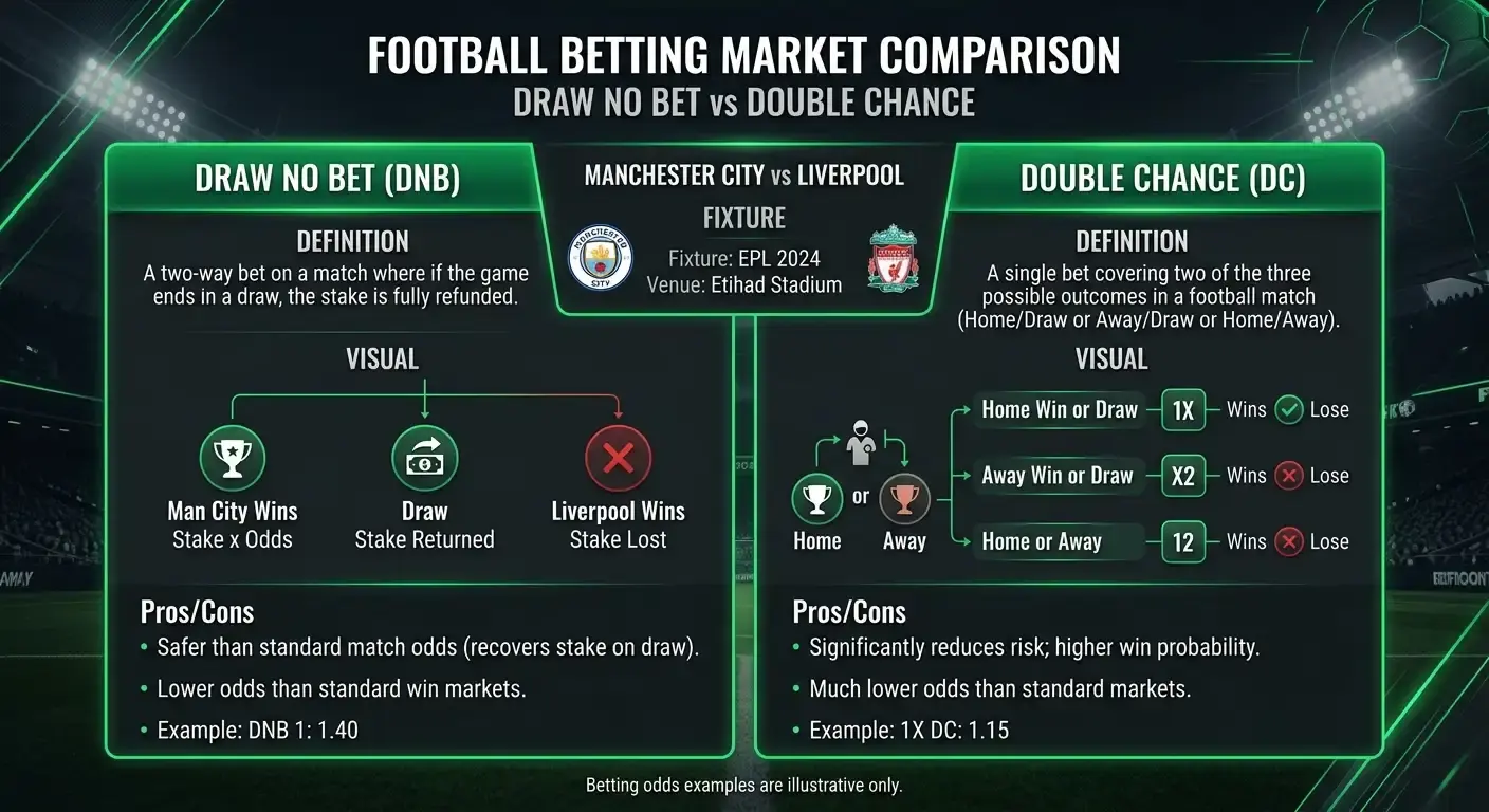 Comparison panel of draw no bet against double chance for a football match