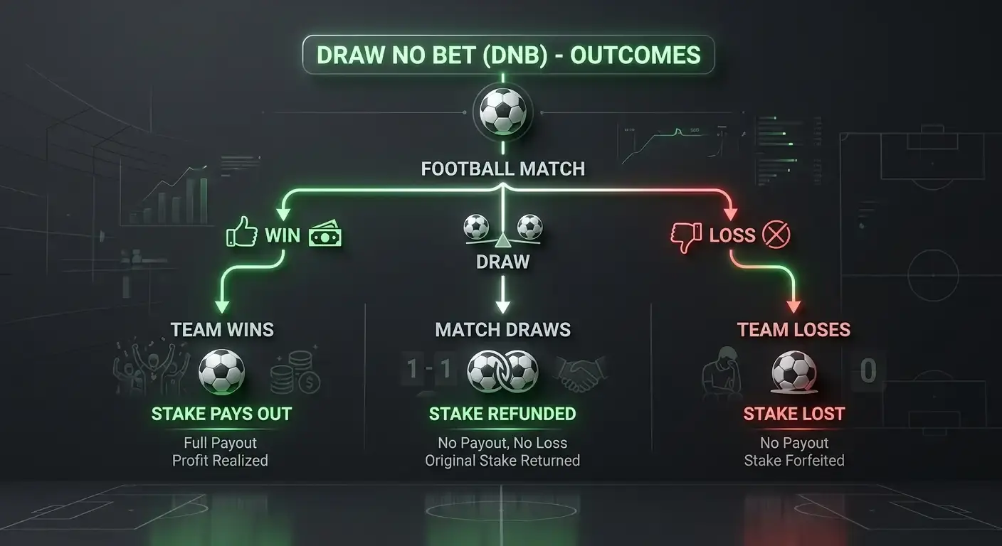 Clean diagram of draw no bet settlement showing win, loss and stake refund on a draw