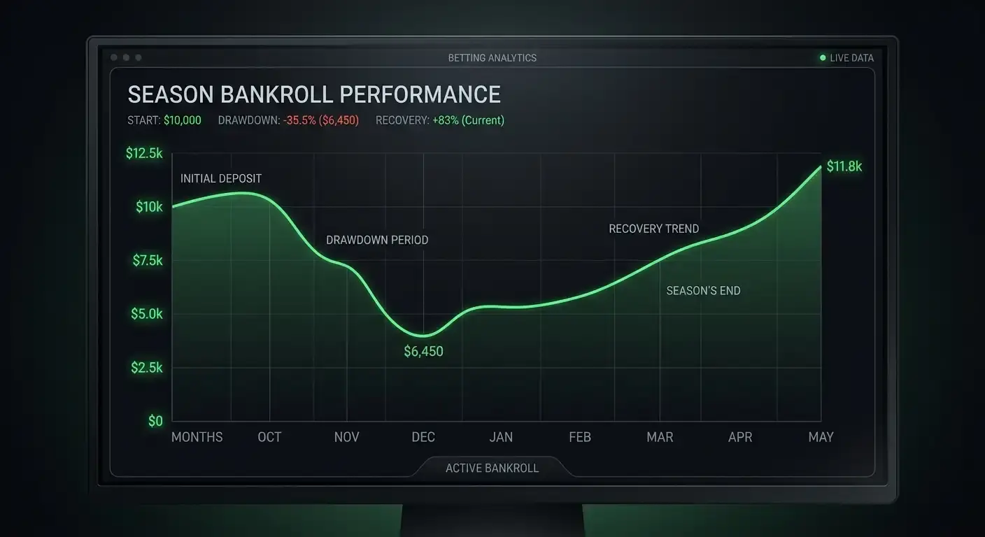 Line chart showing a bankroll drawdown and gradual recovery over a season