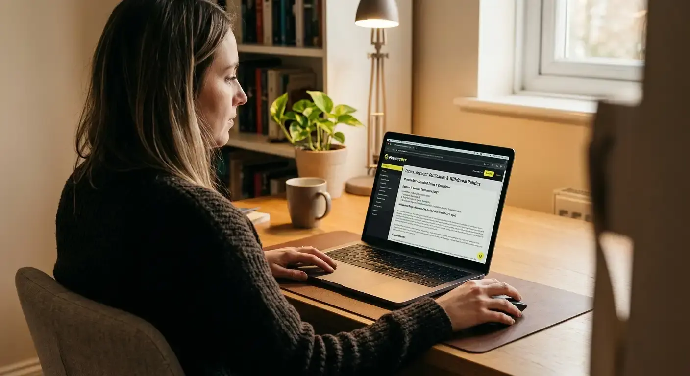 Bettor checking a betting site's terms, verification and withdrawal process on a laptop
