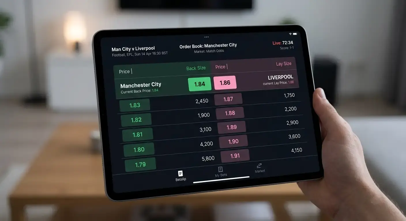 Betting exchange order book showing back and lay prices for a football team