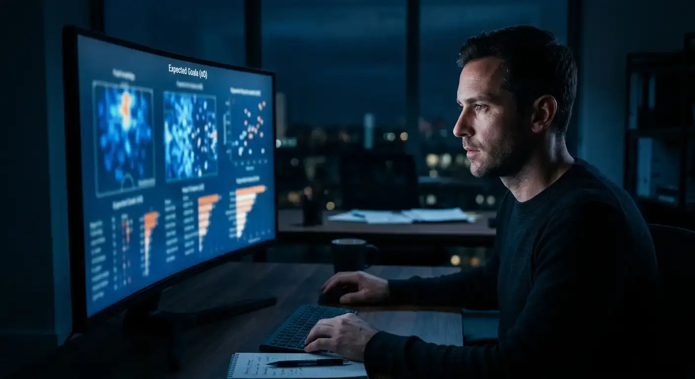Football analyst studying an expected goals shot map of a recent match