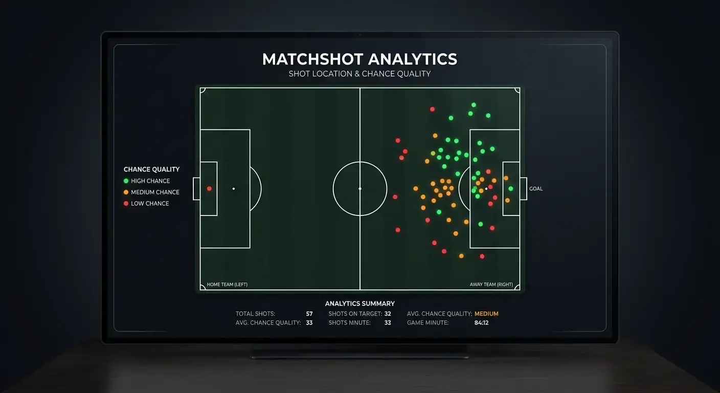 Football pitch shot-location map illustrating chances created versus goals scored