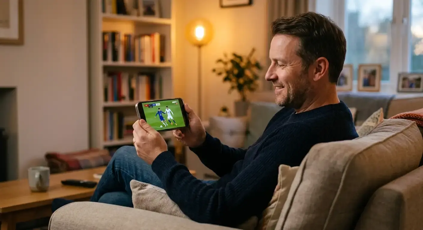Relaxed newcomer preparing a first football bet with quiet confidence