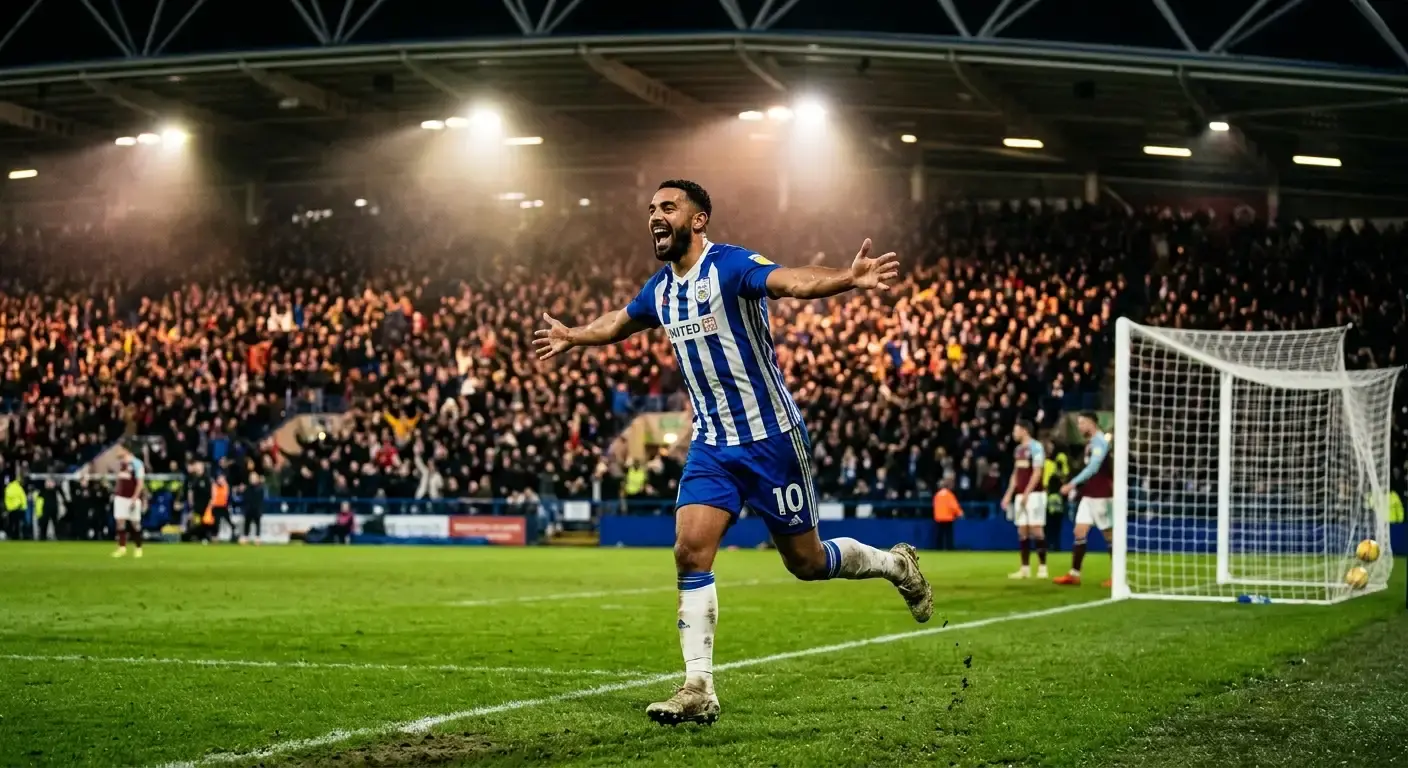 Striker wheeling away in celebration after scoring the opening goal of a football match