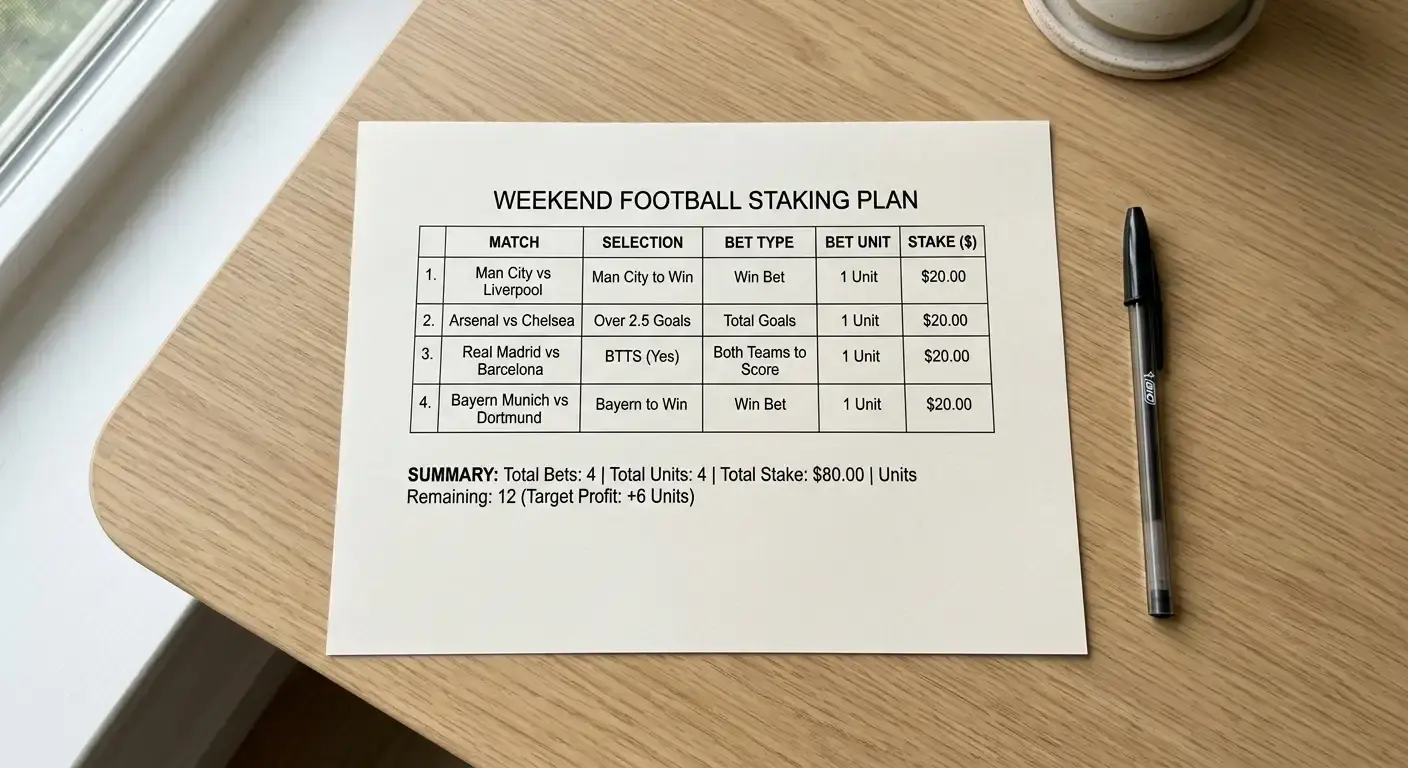 Flat-staking plan showing equal betting units across a list of football selections