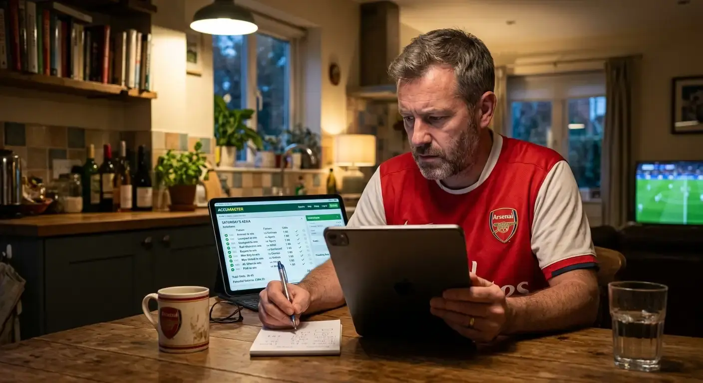Football supporter reviewing a multi-leg accumulator on a tablet at home