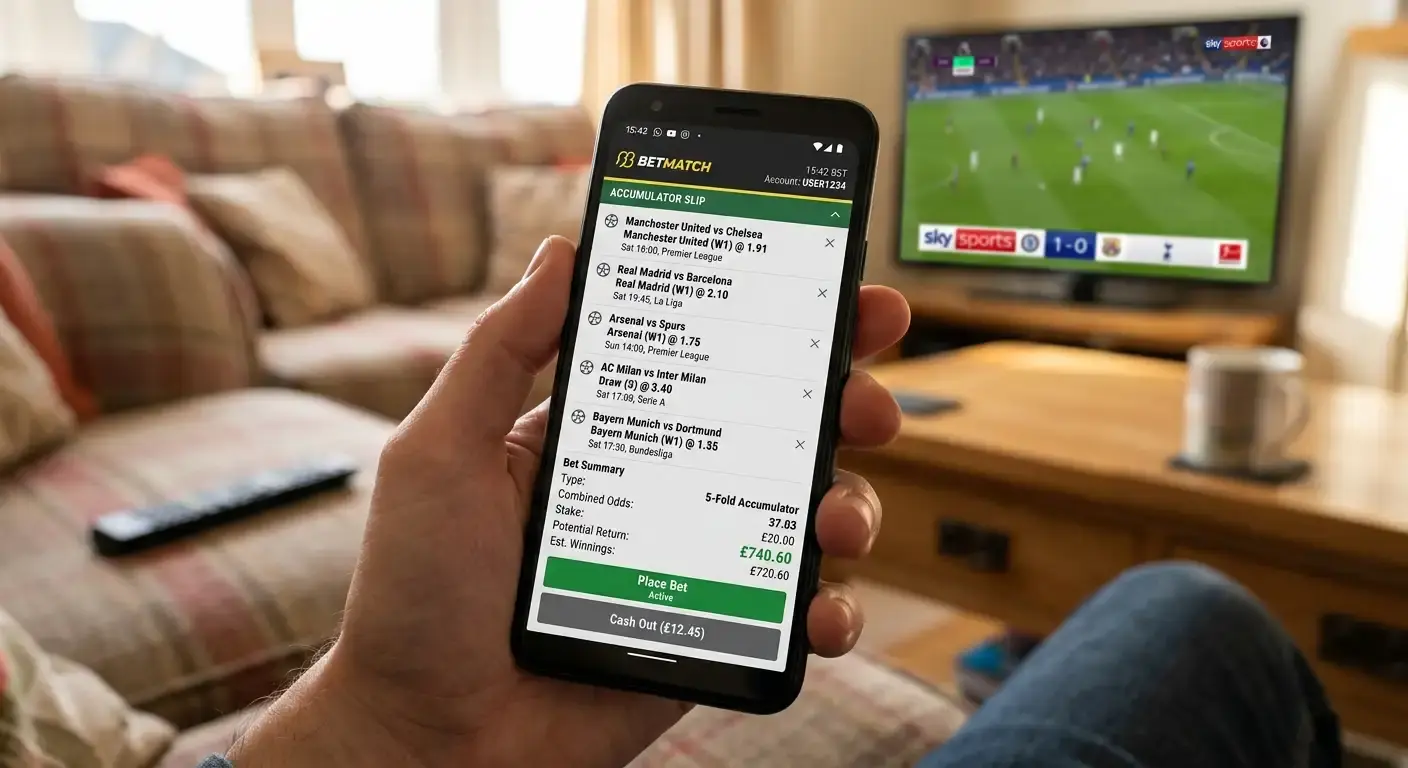 Football accumulator slip on a phone showing five combined selections and potential return