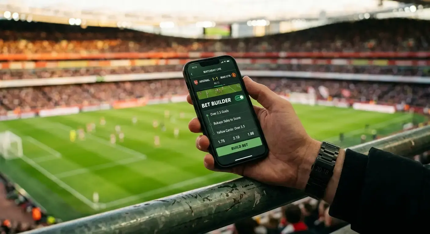 Smartphone on a stadium railing showing several markets combined into one football bet
