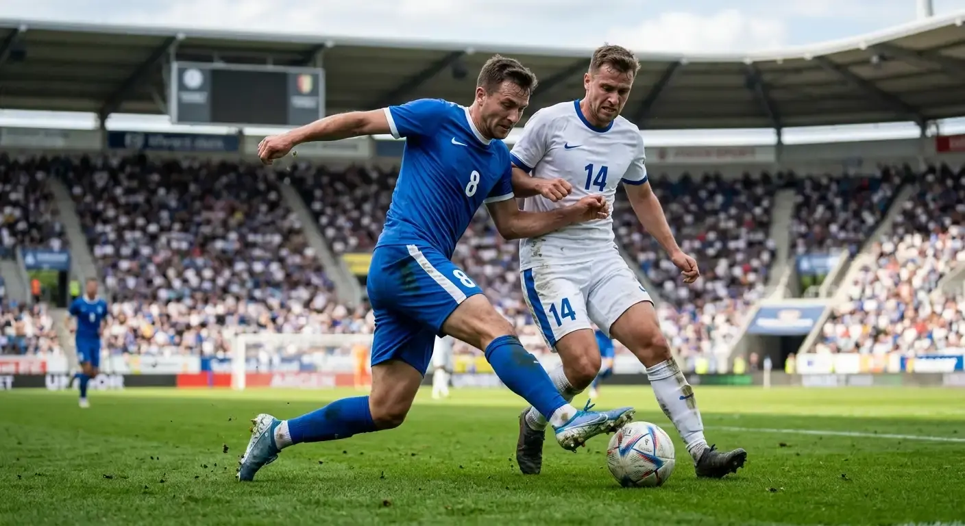 Footballers competing for the ball during a league match on a green pitch