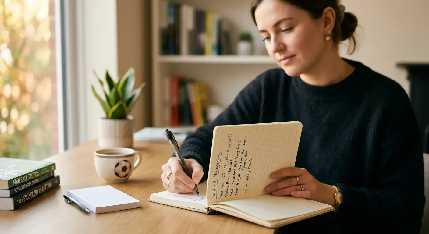 Football bettor planning a disciplined staking approach in a notebook at a desk