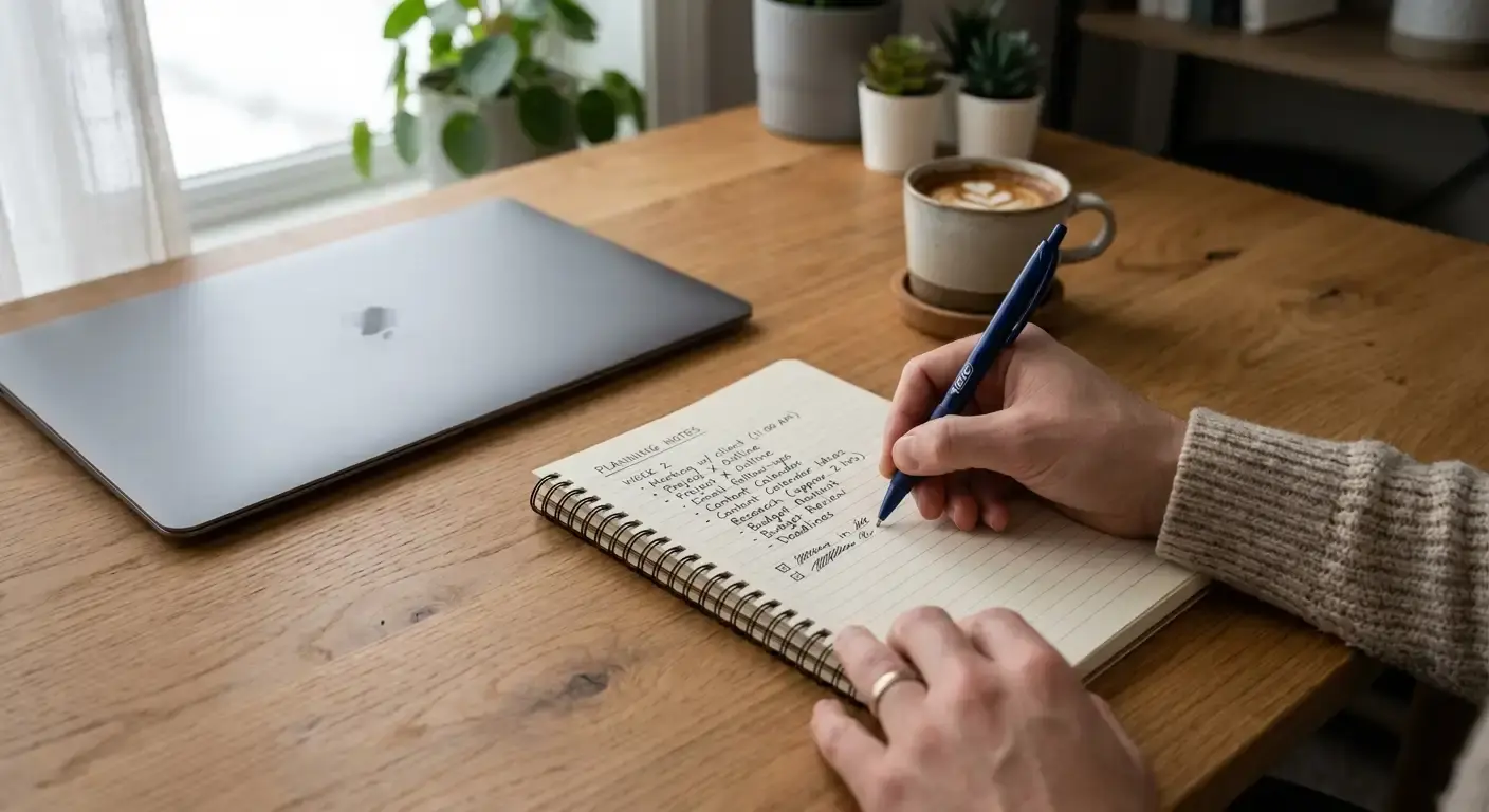 Hand writing staking notes in a plain notebook beside a laptop on a desk