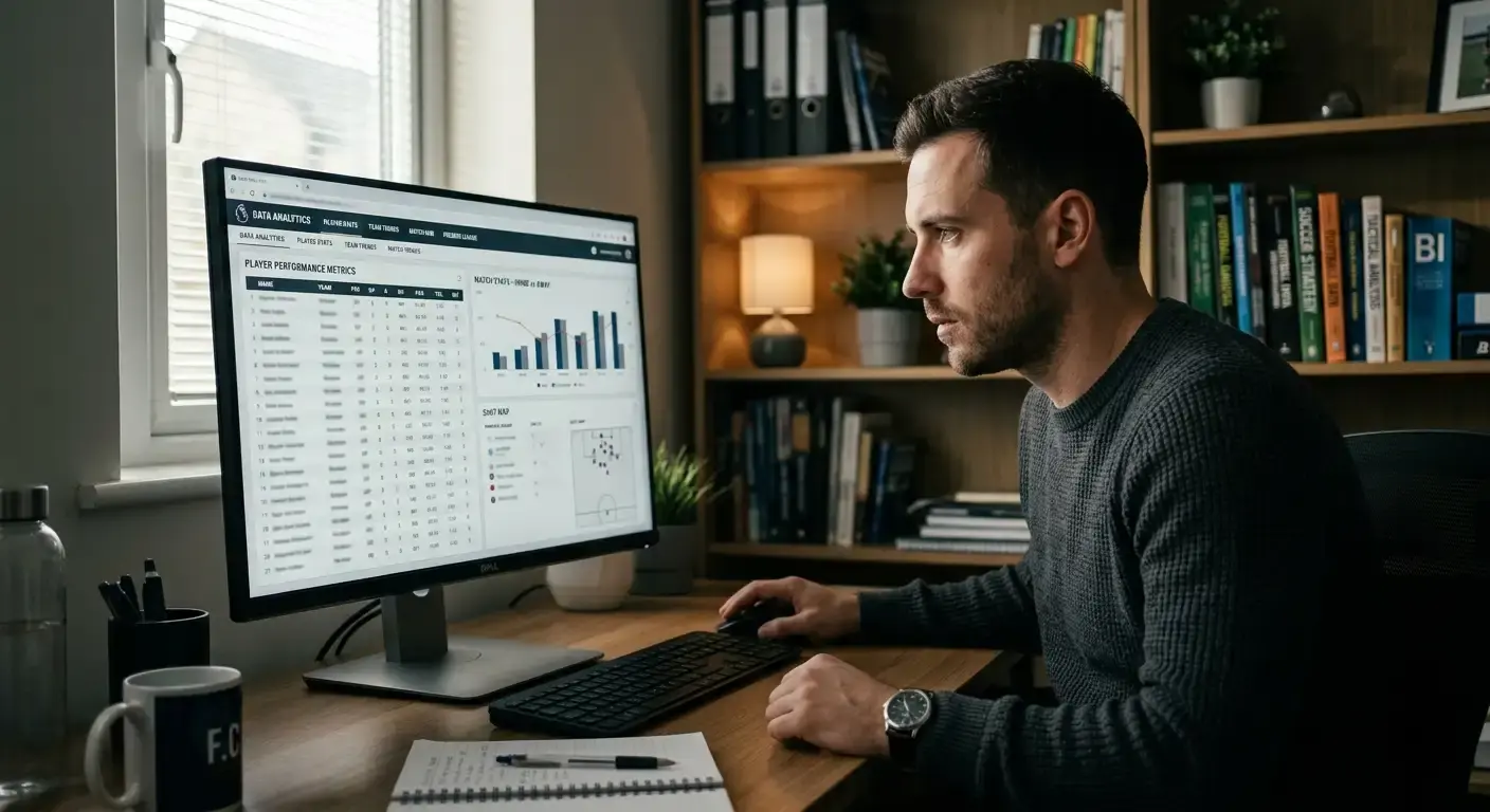 Analyst reviewing football statistics and market data on a desktop screen