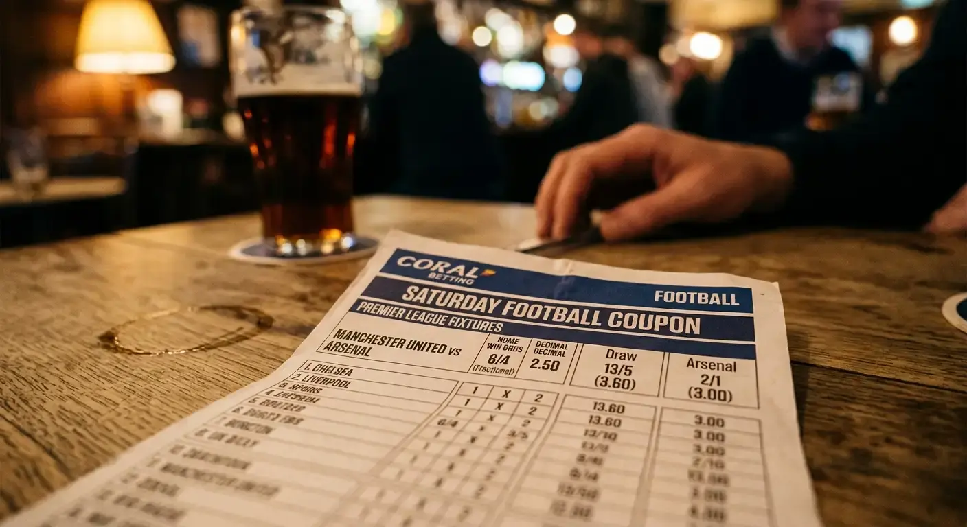 Football betting coupon showing match prices in both fractional and decimal odds formats