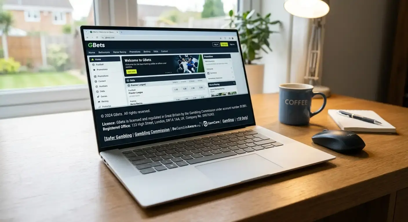 UK betting site footer showing Gambling Commission licence details on a laptop