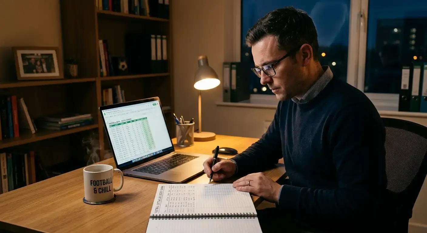 Football betting analyst reviewing a season of logged bets and staking records at a desk