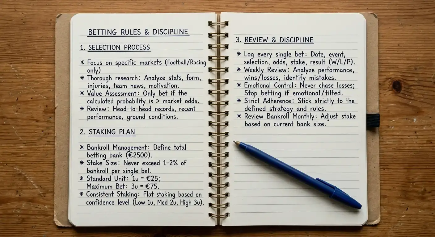 Notebook listing written betting rules for selection, staking and review on a desk