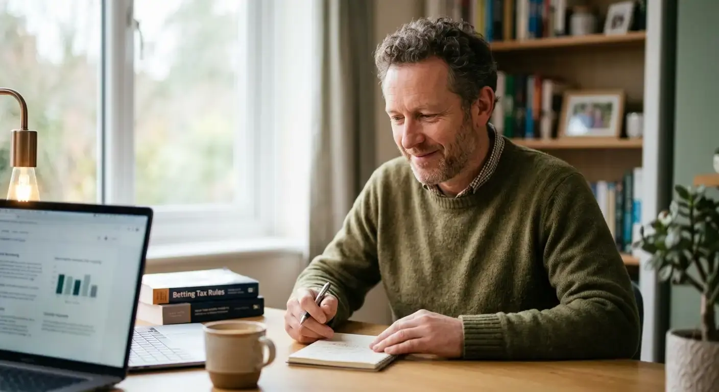 UK football bettor reviewing tax-free winnings paperwork at a tidy desk