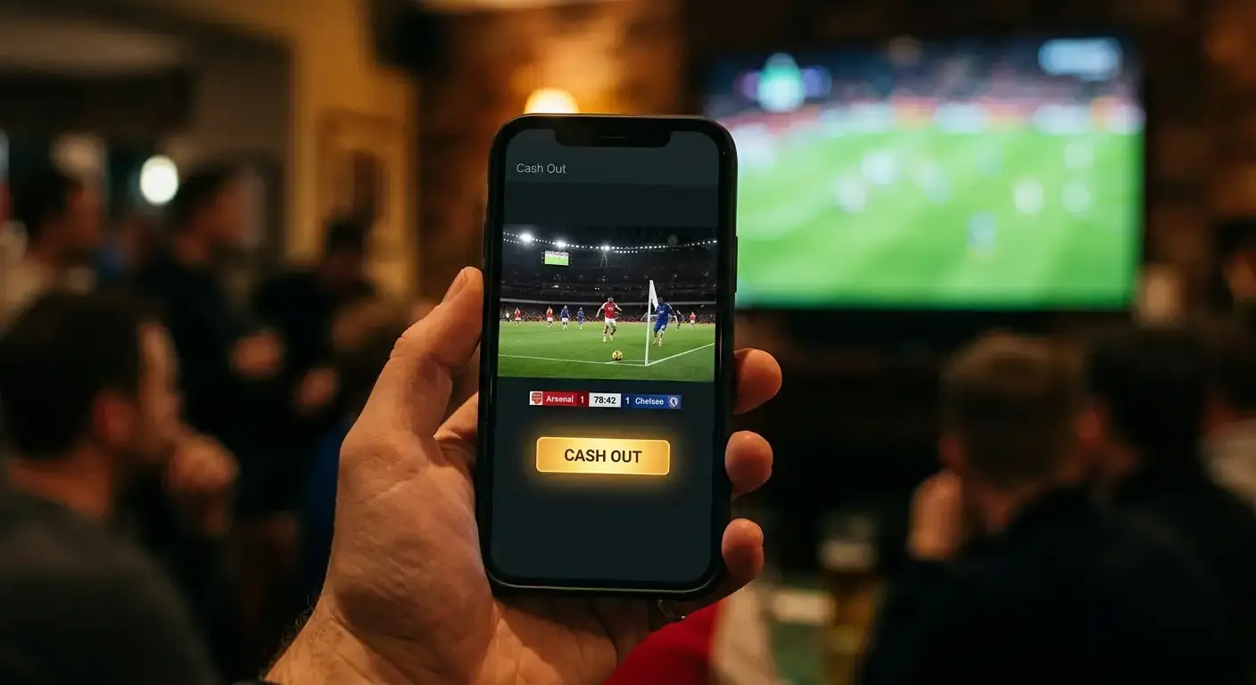 Smartphone showing a live football match with an early cash out option offered
