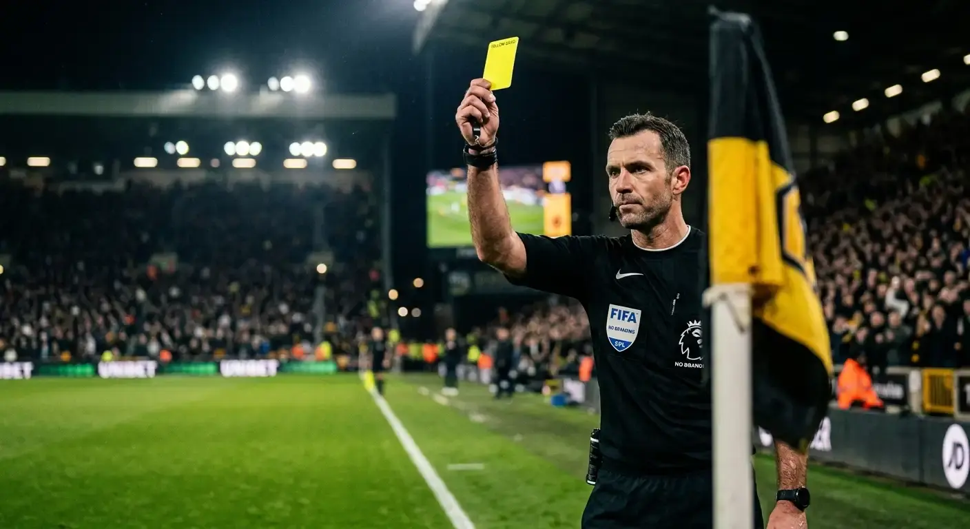 Referee holding a card beside a corner flag, representing corners and cards markets