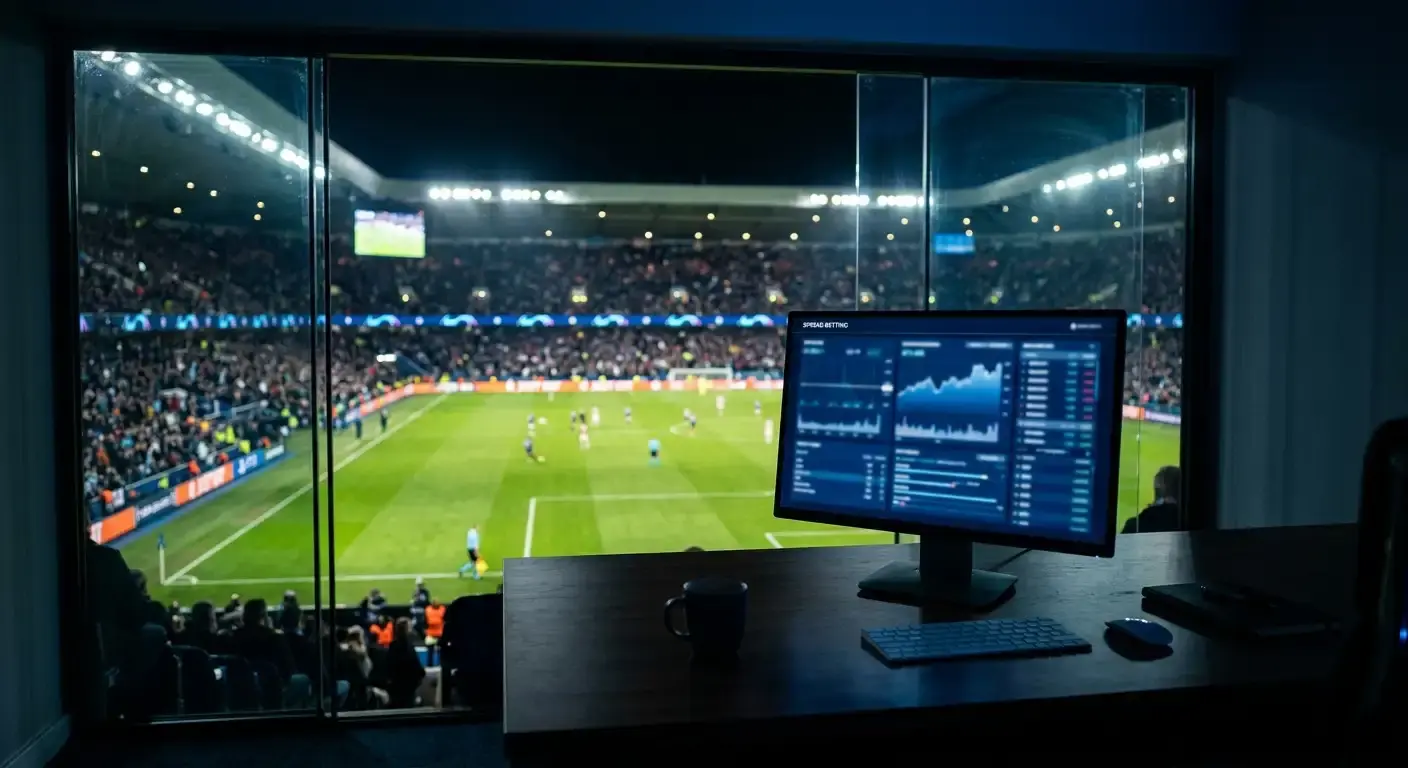 Trading desk screen overlooking a football match, symbolising spread betting risk