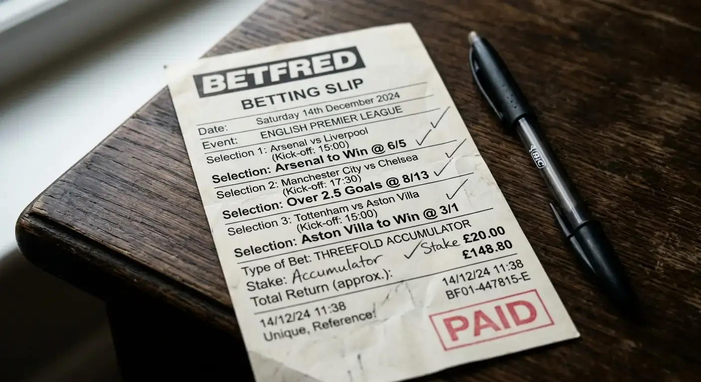 Close-up of a printed UK bookmaker betting slip showing fractional football odds