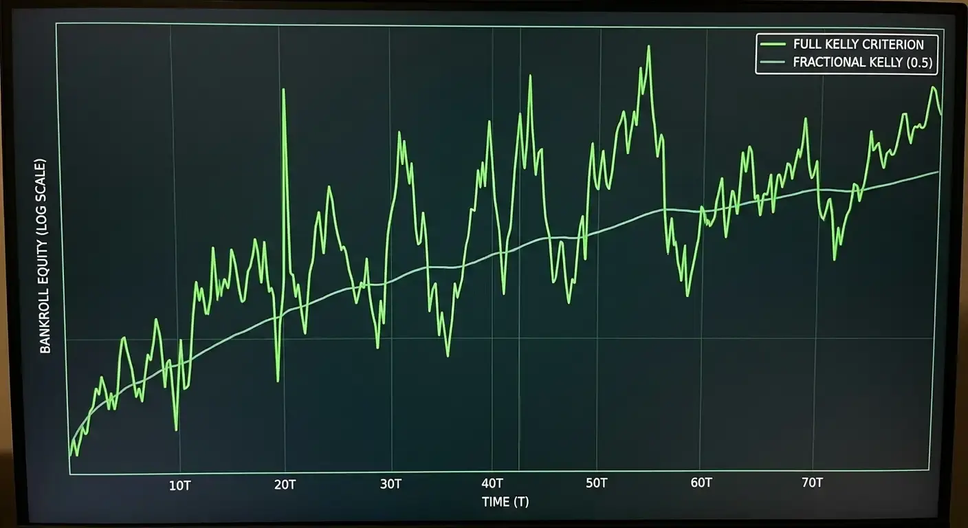 Chart comparing full Kelly and fractional Kelly bankroll growth volatility