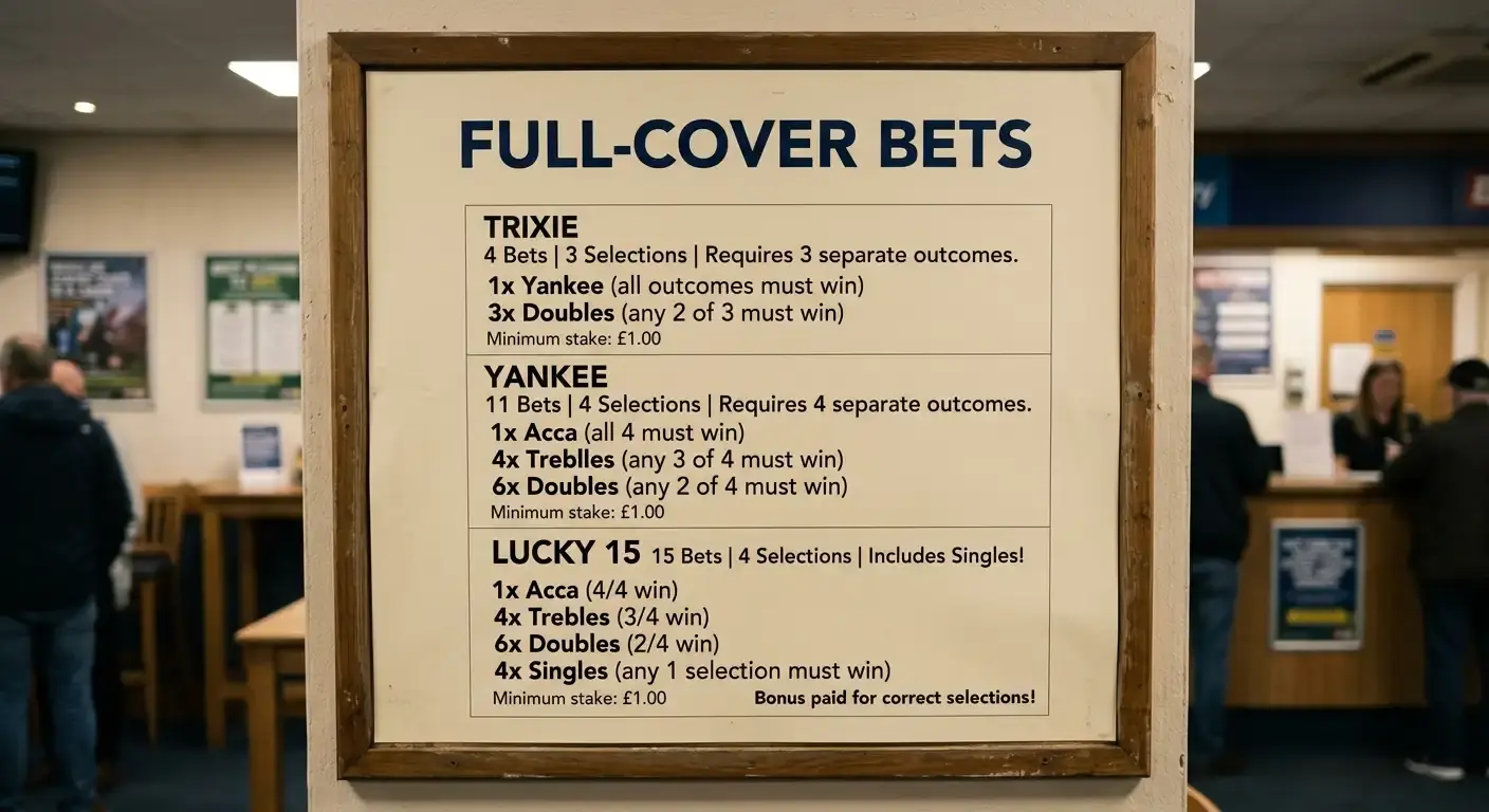 Bookmaker betting menu listing full-cover bets including Trixie, Yankee and Lucky 15