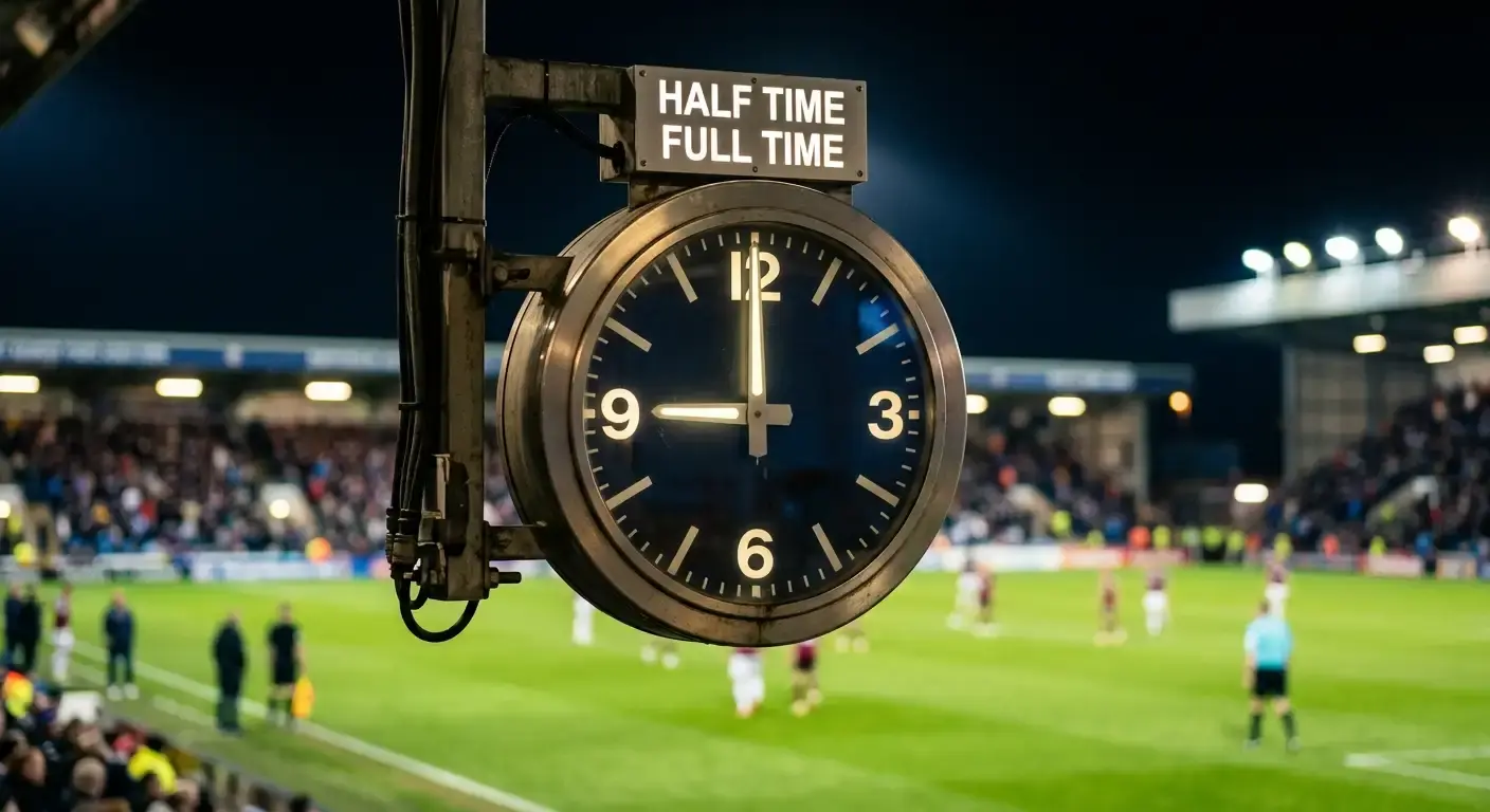 Football stadium clock at the half-time interval of a floodlit match