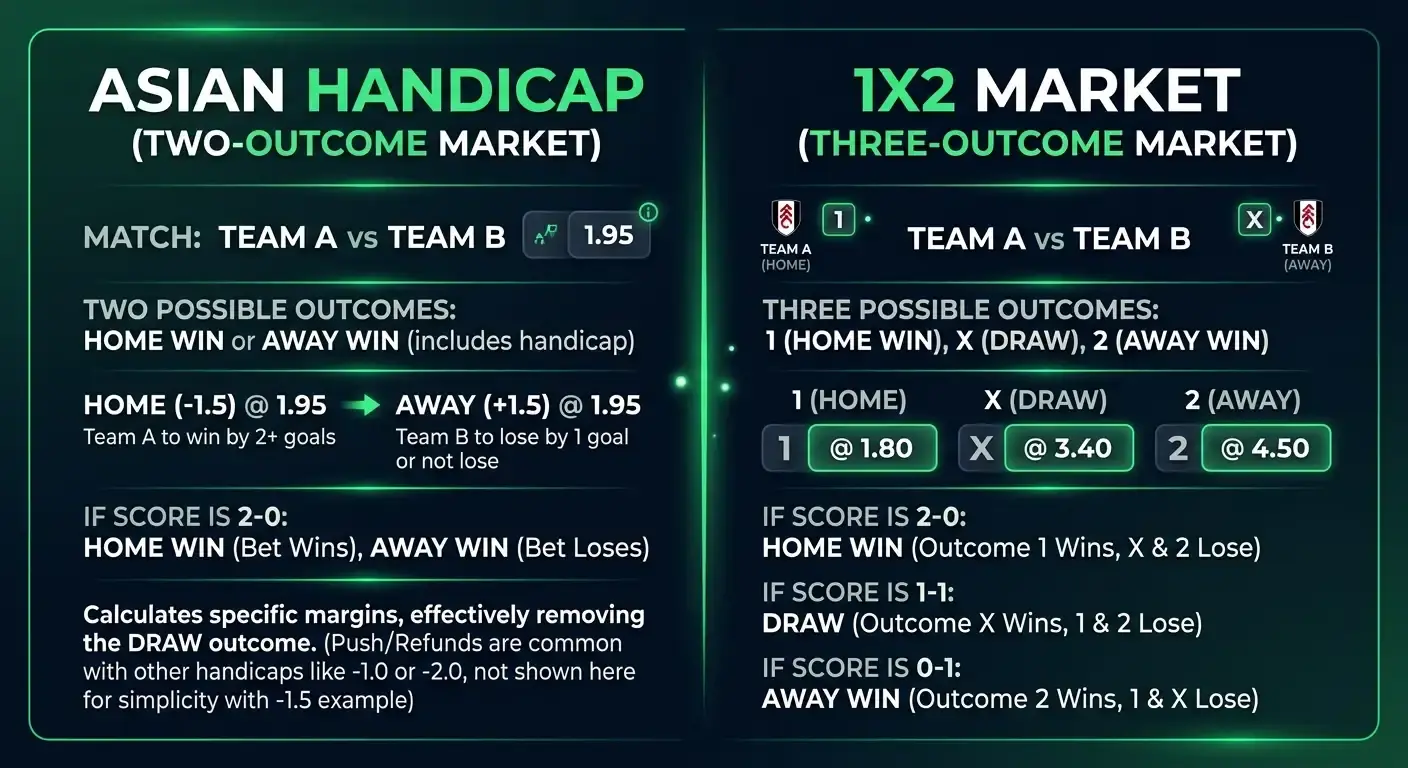 Side-by-side comparison of a two-way Asian handicap and a three-way match result market