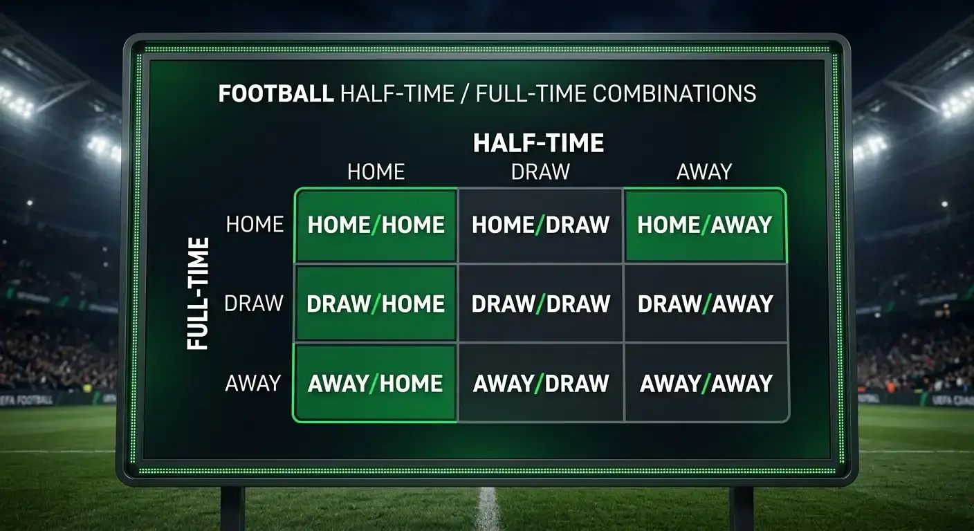 Clean three-by-three grid of the nine half time full time football outcomes